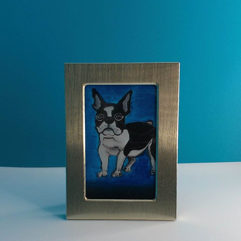 Mini dog Boston Terrier 2"x3" within a new silver color metal Frame